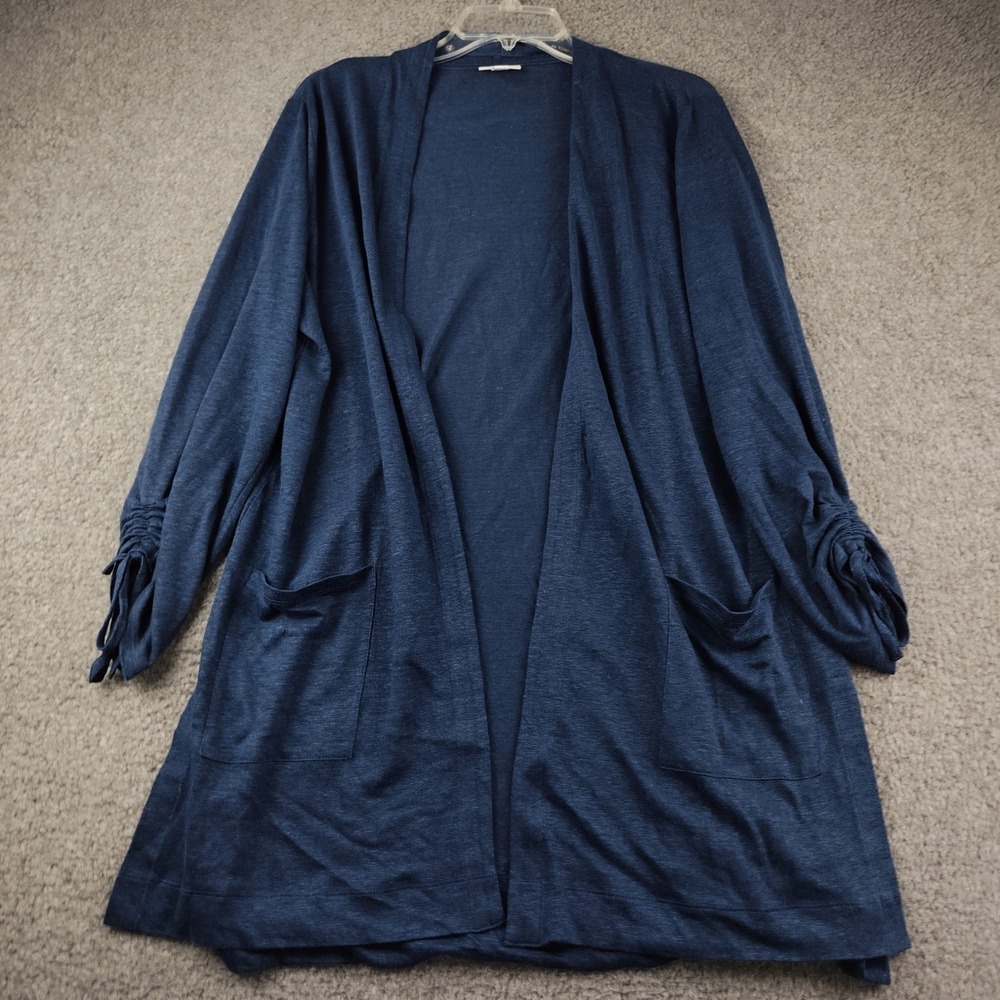J. Jill Love Linen Navy Blue Open Front Cardigan Sweater Pockets Medium